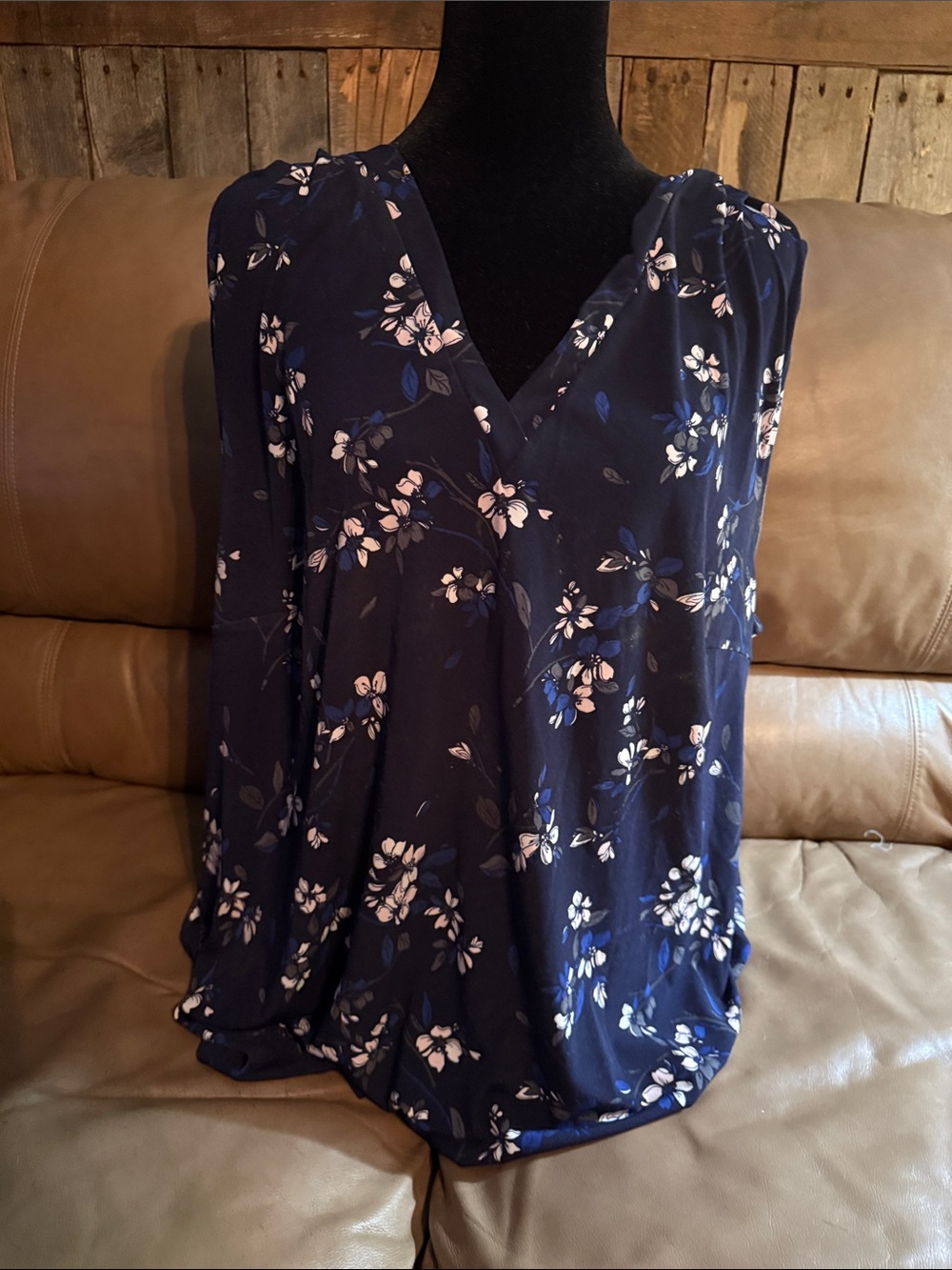41 Hawthorn Navy Floral Surplice Blouse with Pink Accents